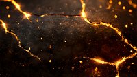 Glowing golden cracks on dark textured surface with floating particles and bokeh effects create dramatic abstract background for luxury design projects.