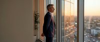 Confident middle-aged Caucasian businessman in navy suit standing by office window at sunset, overlooking city skyline, reflecting on success.