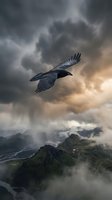 Black raven soaring through dramatic stormy clouds above misty mountain landscape with moody atmospheric lighting and dark sky.