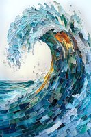 Dynamic ocean wave rendered in stained glass mosaic style, featuring turquoise, emerald and amber fragments creating dramatic movement and light effects against pale sky.