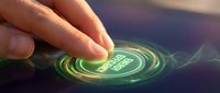 Hand touching glowing green digital button with futuristic interface and energy waves for technology and innovation concepts.