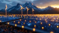 Solar panels and wind turbines against mountain backdrop at sunset, glowing with golden bokeh lights and blue illumination creating magical renewable energy landscape.