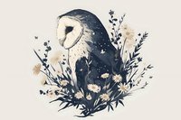 Mystical barn owl silhouette with starry night sky texture merged into floral elements and wildflowers creating magical nature composition on light background.