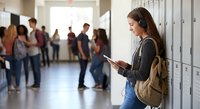 Young female student with headphones using smartphone by school lockers while classmates gather in hallway background for educational content.