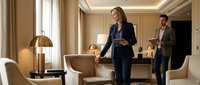 Professional businesswoman in navy suit reviewing documents in luxury hotel lobby with male colleague in background for corporate hospitality industry.
