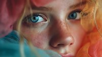Close-up portrait of young Caucasian woman with striking blue eyes and freckles, bathed in vibrant colorful lighting for beauty and fashion concepts.