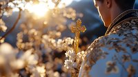 Orthodox priest in golden vestments holds ornate cross during sunrise service, with soft bokeh of white spring blossoms creating ethereal atmosphere.