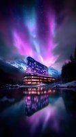 Modern hotel building illuminated in purple light reflecting in lake water against snowy mountains and aurora borealis sky with stars and cosmic colors.