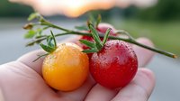 Fresh red and yellow cherry tomatoes with water drops held in hand against blurred natural background, macro food photography for healthy eating concept.