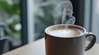 Steaming hot latte with heart-shaped foam art in gray ceramic cup against blurred window background, morning coffee with delicate swirls of steam rising.