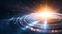 Glowing spiral light trails with bright starburst center against dark background create dynamic motion effect with blue and orange particles.