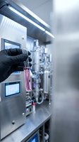 Scientist in black gloves holding pink liquid test tube in modern laboratory with advanced equipment for pharmaceutical research and development.