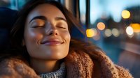 Young woman with closed eyes and peaceful expression wearing brown knit sweater outdoors at dusk with blurred city lights in background. Suitable for wellness, lifestyle, and relaxation content.