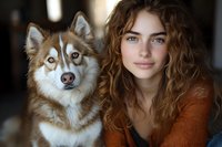 Young Caucasian woman with curly brown hair embracing red and white Siberian husky dog in cozy indoor setting. Pet ownership and companionship concept.