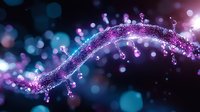 Magical glowing purple and blue particles forming curved trail with sparkles and bokeh effects on dark background, creating ethereal cosmic atmosphere.