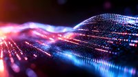 Glowing digital wave with pink and blue light particles flowing on dark background, creating futuristic technology visualization effect for tech concepts.