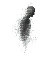 Silhouette of person dissolving into particles, black and white abstract art showing human figure disintegrating into scattered dots. Conceptual design for mental health themes.