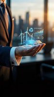 Businessman holding glowing holographic renewable energy icons including wind turbines, solar panels, and analytics charts above palm against urban skyline for sustainable business solutions.