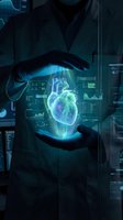 Doctor hands protecting holographic heart with medical data interface for cardiology healthcare technology and digital medicine innovation.