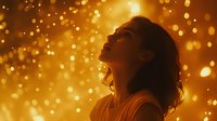 Young Asian woman in profile against magical golden bokeh lights background, looking up dreamily with serene expression, soft glowing atmosphere creates ethereal mood.