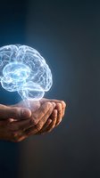 Hands holding glowing brain hologram against dark background, representing neuroscience, artificial intelligence, mental health, innovation and technology concepts for medical and business use.