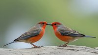 Two colorful songbirds with orange breasts and gray wings perched on wooden branch, appearing to touch beaks in romantic courtship display against blurred nature.