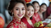 Young Asian woman in traditional red qipao dress with gold embroidery smiling at celebration gathering with others in background wearing similar attire and festive decorations.