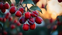 Fresh ripe red plums growing on tree branch with green leaves at sunset, natural organic fruit in orchard during harvest season, soft bokeh background.