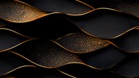 Elegant wavy pattern with golden glitter on black background creates luxurious abstract design. Flowing curves with metallic copper accents and sparkling details.