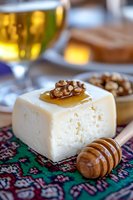 Fresh feta cheese block with honey drizzle, walnuts and wooden dipper on traditional patterned cloth. Selective focus on cheese with beer glass in background.