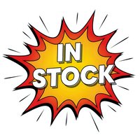 Comic book style explosion burst with IN STOCK text in bold letters. Colorful starburst design with red and yellow gradient for retail and business promotions.