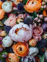 Lush floral arrangement featuring pink peonies, orange ranunculus, blush roses and purple thistle creates romantic garden atmosphere for wedding and celebration design.