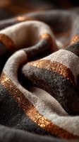 Luxurious gray fabric with shimmering copper metallic stripes creates elegant waves and folds, capturing light and shadow in rich textile detail. Perfect for fashion design.