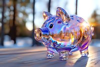 Iridescent glass piggy bank reflecting sunset colors outdoors, symbol of savings and financial planning, decorative money box on wooden surface.