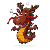 Cartoon dragon with reindeer antlers and red ribbon celebrating Christmas holiday season on white background.