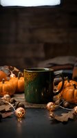 Green ceramic mug with hot beverage surrounded by mini pumpkins, dried leaves, and berries on rustic wooden surface. Autumn seasonal styling for fall marketing and holiday promotions.