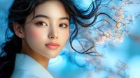 Young Asian woman with flowing black hair against blue sky background with cherry blossoms, expressing serenity and natural beauty in spring season.