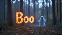 Glowing orange Boo text with ghostly figure in misty autumn forest at dusk, fallen leaves scattered on ground create spooky Halloween atmosphere.