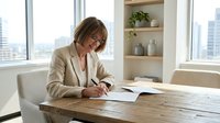 Professional businesswoman in beige suit writing documents at wooden desk in modern office with city view and built-in shelving for corporate workflow.