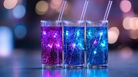 Glowing purple and blue cocktails with sparkles in tall glasses against blurred bokeh background, party drinks with straws for celebration events.