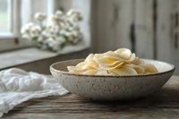 Crisp potato chips in rustic ceramic bowl on wooden table with soft natural light, perfect for food blog or restaurant menu.