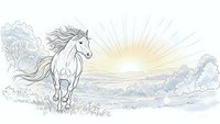 White horse galloping through meadow at sunrise with flowing mane and dramatic sky rays creating magical fantasy atmosphere for storytelling projects.