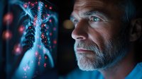 Mature bearded male doctor analyzing lung x-ray scan with glowing red viral particles in dark medical office, dramatic blue lighting highlights serious expression.