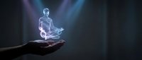 Holographic meditation figure floating above open palm with glowing blue light effects for wellness technology and mindfulness applications.
