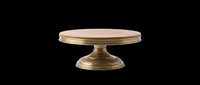 Vintage brass cake stand with wooden top, isolated on transparent background, ready for design use on t-shirts, clipart, stickers, and print-on-demand products.