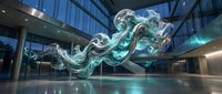 Futuristic holographic wave display floating in modern glass building lobby with turquoise energy streams and digital light effects for technology concepts.