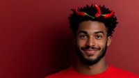Young African American man with curly hair wearing red devil horns and red shirt smiling warmly against burgundy background, expressing playful holiday spirit.