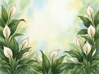 Watercolor peace lily flowers frame with green leaves on soft pastel background. Floral border design for wedding invitations and greeting cards.