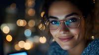 Young woman with dark hair and fair complexion wearing clear-framed eyeglasses, smiling at camera against blurred bokeh lights in evening setting, suitable for lifestyle and eyewear marketing.