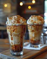 Decadent ice cream sundae topped with whipped cream and caramel sauce in tall glass, served on wooden table with warm ambient lighting and bokeh background.